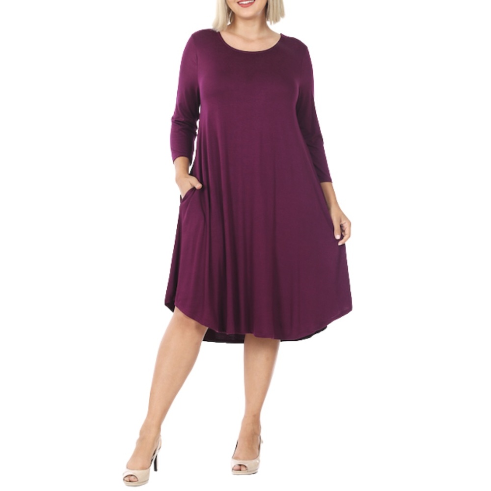 Dark Plum Plus 3/4 Sleeve Round Neck Knee Length